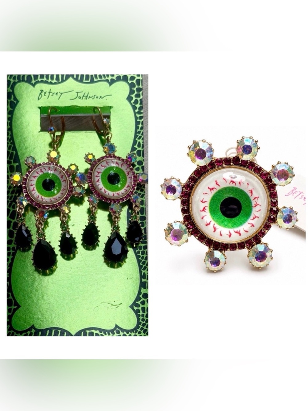 BETSEY JOHNSON Set Halloween Creep It Real Eyeball Dangling Earrings & Ring NWT